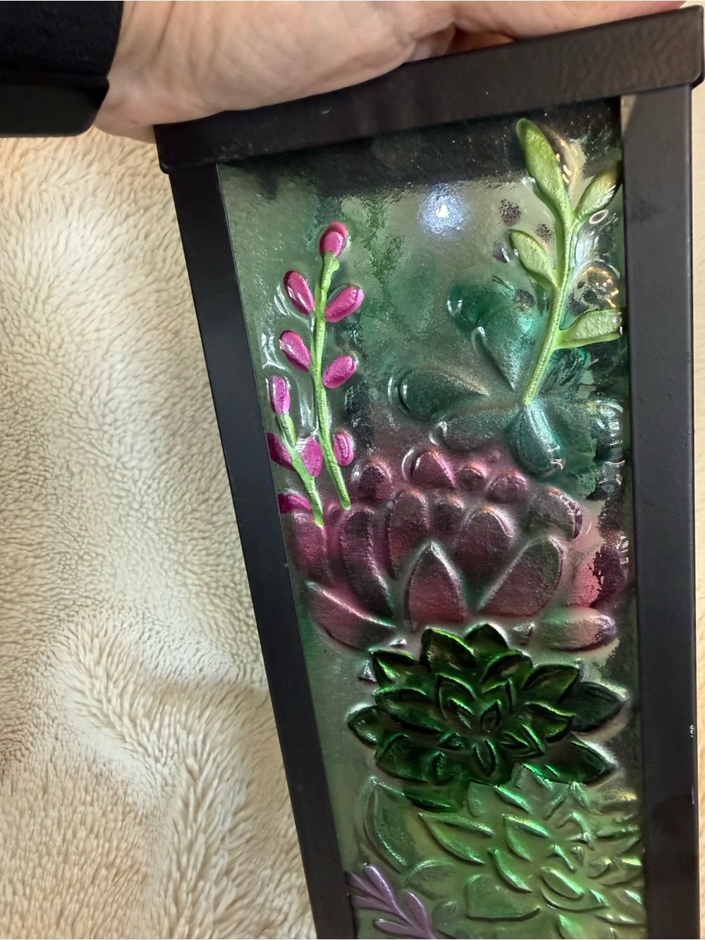 Black Metal Lantern with Green and Purple Embossed Glass Panels